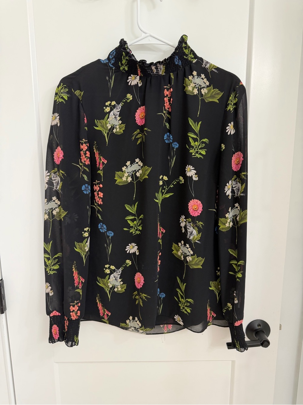 Black Floral Mock-Neck Long Sleeve Blouse